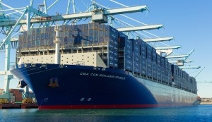 The CMA CGM SA operated Benjamin Franklin sits docked at the Port of Los Angeles, in Los Angeles, California, U.S., on Saturday, Dec. 26, 2015. The Benjamin Franklin is the largest container vessel to ever call at a U.S. port, with a capacity of nearly 18,000 Twenty-Foot Equivalent Units (TEUs) it is longer than the Empire State Building and wider than an American football field. Photographer: Tim Rue/Bloomberg via Getty Images
